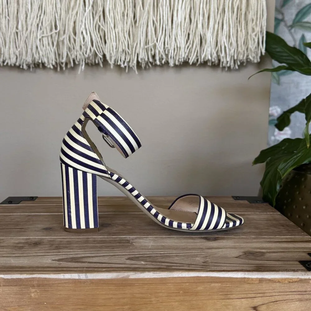 J. Crew Leather Light Cream Navy Stripe Ankle Strap Open Toe Block Heel Sandals